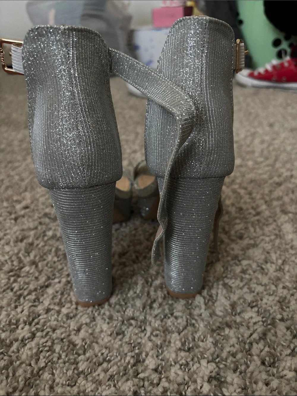 Silver Glitter Platform Block Heel Sandals for Women